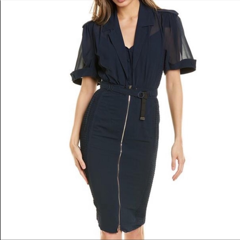 Byron Lars Dark Blue Navy Zipper Sheath Short Sleeve Dress 0 XS